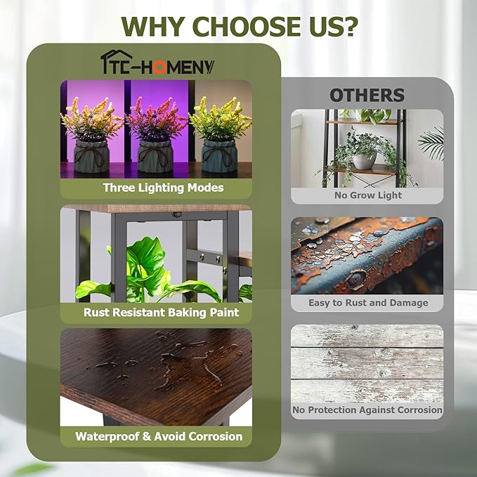 TC-HOMENY Plant Stand Indoor with Grow Lights, 45" Tiered Metal Plant Shelf, 45" Tall Plant Stand for Indoor Plants Multiple, Large Plant Rack Display Shelves, Corner Plant Holder for Living Room, Patio