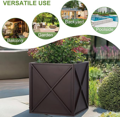 BAYN Metal Square Planter Box Tall Planters for Outdoor Plants Modern Heavy Duty with Drainage Holes for Outside Indoor Patio Deck - Brown, 17”x 17”x 18”