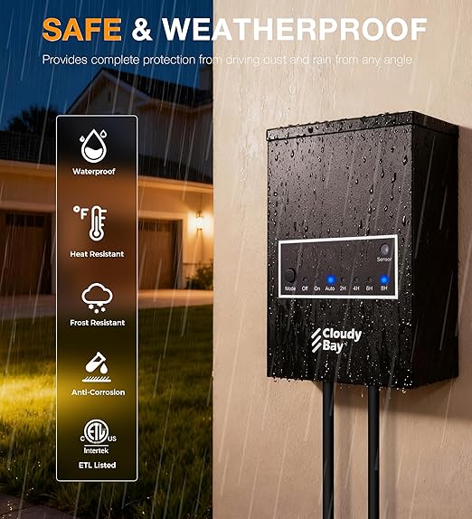 CLOUDY BAY 200W Low Voltage Outdoor Transformer with Photocell Light Sensor and Timer,120V AC to 12V AC Power Pack,for Landscape Lighting