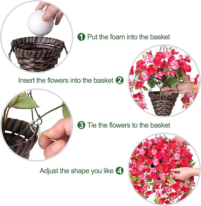 HyeFlora Artificial Fake Hanging Hibiscus Flower Baskets for Outdoor Decoration, Faux Silk Hibiscus Long Vines in Planter UV Resistant Realistic Flowers for Outside Porch Patio Home Decor, RedPink