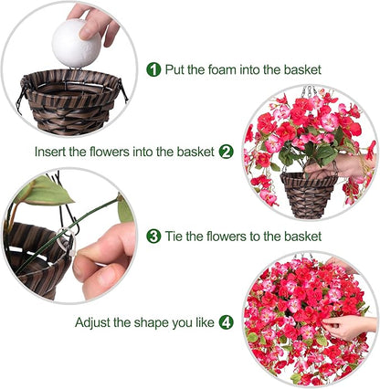HyeFlora Artificial Fake Hanging Hibiscus Flower Baskets for Outdoor Decoration, Faux Silk Hibiscus Long Vines in Planter UV Resistant Realistic Flowers for Outside Porch Patio Home Decor, RedPink