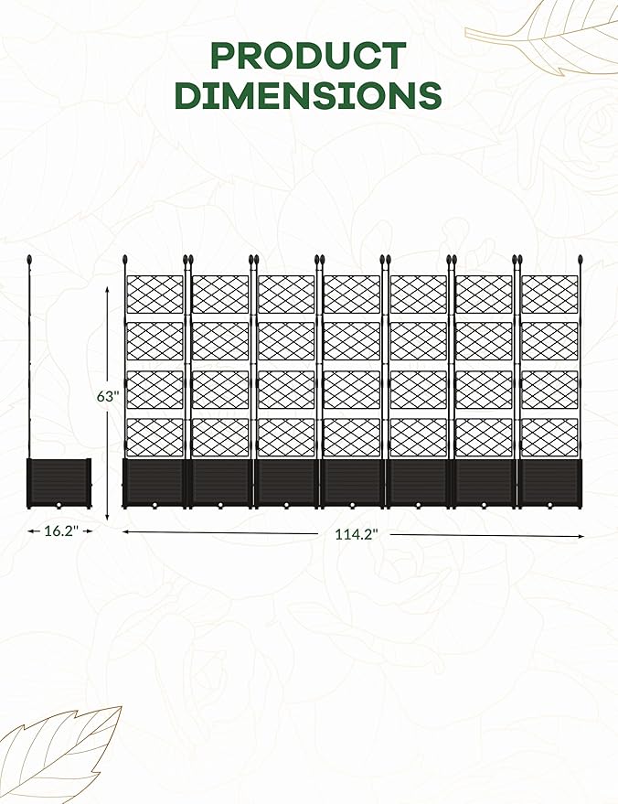 7 PCS Raised Garden Bed with Trellis, 116 in W x 63"Tall Plastic Planter Box for Climbing Plants, Outdoor Vertical Garden with Privacy Screen for Patio, Balcony, Backyard – Sturdy & Lightweight