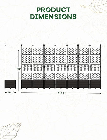 7 PCS Raised Garden Bed with Trellis, 116 in W x 63"Tall Plastic Planter Box for Climbing Plants, Outdoor Vertical Garden with Privacy Screen for Patio, Balcony, Backyard – Sturdy & Lightweight