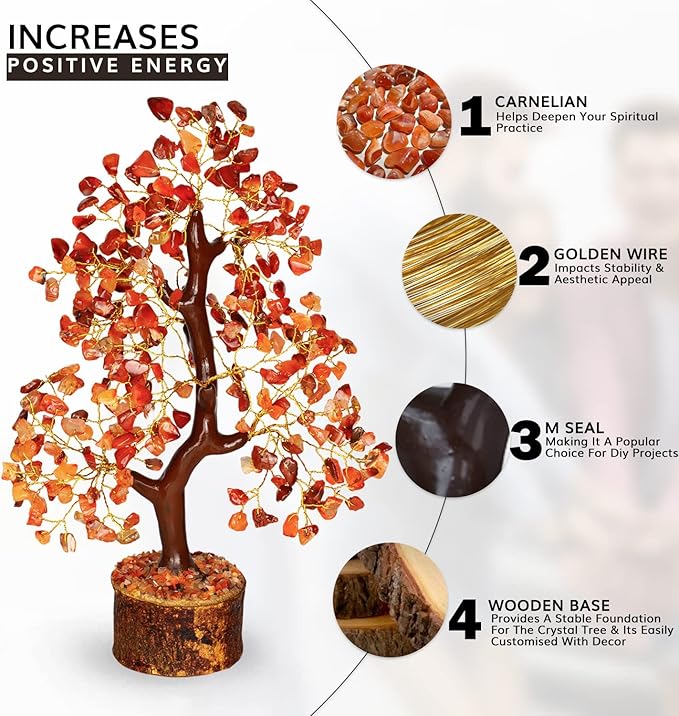 NARIBABU Carnelian Crystal Tree – 10-12 Inch Gemstone Tree with Golden Wire & Wooden Base – Healing Crystals Decor, Spiritual Gift, Gifts for Her, Birthday Gift for Women, Positive Energy Trees
