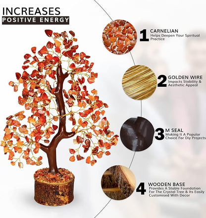 NARIBABU Carnelian Crystal Tree – 10-12 Inch Gemstone Tree with Golden Wire & Wooden Base – Healing Crystals Decor, Spiritual Gift, Gifts for Her, Birthday Gift for Women, Positive Energy Trees
