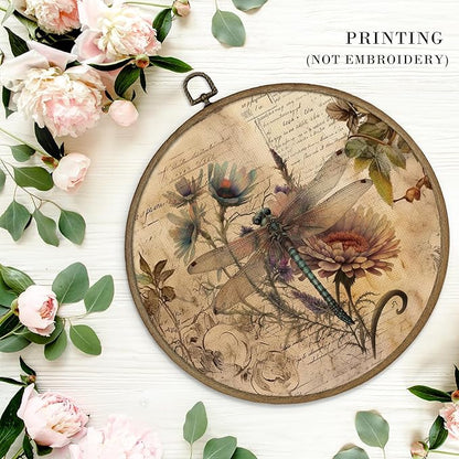 MAQIKA Vintage Dragonfly Framed Wall Art Decor, Dragonfly Wall Decor, Dragon Fly Botanical Round Wall Hanging Decor, Retro Dragonflies Canvas Prints Wall Art for Bedroom Living Room, 10x10 Inch