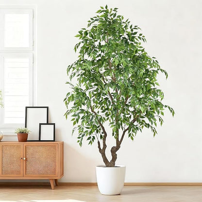 7ft Artificial Ficus Tree - 84In Tall Faux Banyan Tree with White Planter, Large Fake Ficus Tropical Plant for Home Office Living Room Mall Porch Indoor Decor