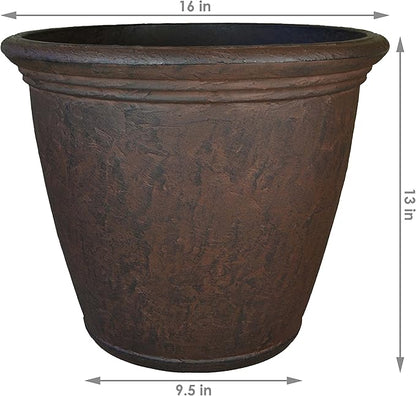 Sunnydaze 15.25-Inch Anjelica Large Plastic Pot for Plants - Double-Walled Outdoor Polyresin Round Planter with Drillable Drainage Holes - Rust