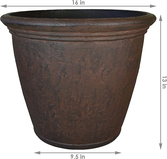 Sunnydaze 15.25-Inch Anjelica Large Plastic Pot for Plants - Double-Walled Outdoor Polyresin Round Planter with Drillable Drainage Holes - Rust - 4pk