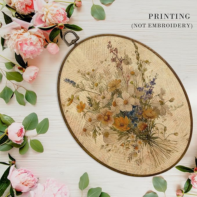 MAQIKA Bohemian White Flower Oval Framed Wall Art Decor, Botanical Wall Art, Floral Bouquet Oval Wall Hanging Decor, Vintage Wildflower Canvas Prints Wall Art for Nursery Room Bedroom, 8.7x11.3 Inch