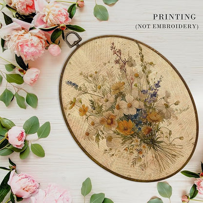 MAQIKA Bohemian White Flower Oval Framed Wall Art Decor, Botanical Wall Art, Floral Bouquet Oval Wall Hanging Decor, Vintage Wildflower Canvas Prints Wall Art for Nursery Room Bedroom, 8.7x11.3 Inch