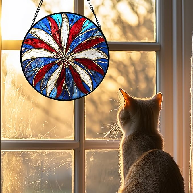 Stained Glass Window Hanging 4 Pcs Set Abstract Flowers in Red White Blue 9.8" - Suncatcher Door Garden Sun Catcher Decor Birthday Mother's Day Xmas Gift for Mom Woman Nana Men Parents