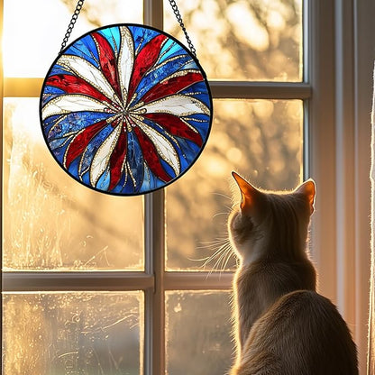 Stained Glass Window Hanging 4 Pcs Set Abstract Flowers in Red White Blue 9.8" - Suncatcher Door Garden Sun Catcher Decor Birthday Mother's Day Xmas Gift for Mom Woman Nana Men Parents