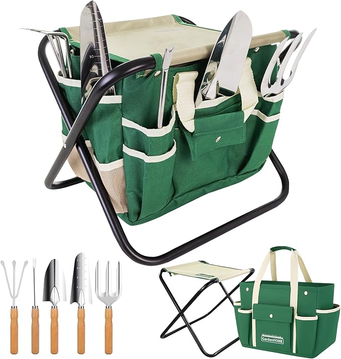 GardenHOME 7-Piece Gardening Tool Set – Stainless Steel Tools with Wooden Handles, Folding Stool & Canvas Tote, Durable Garden Kit for Women and Beginners