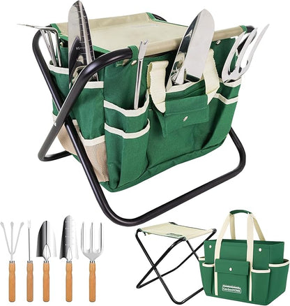 GardenHOME 7-Piece Gardening Tool Set – Stainless Steel Tools with Wooden Handles, Folding Stool & Canvas Tote, Durable Garden Kit for Women and Beginners