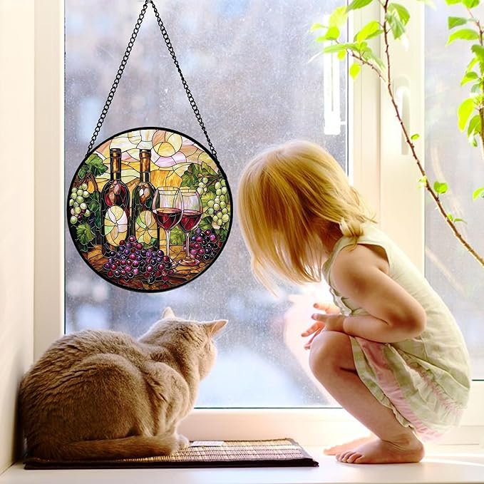 Stained Glass Window Hanging, Grapes and Wine Suncatcher Diamond Glass Panel Hangings Sun Catchers Decor for Birthday for Women, Men, Wife, Aunt, and Mom 9.8 in