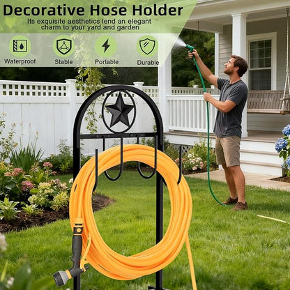 Garden Hose Holder - Upgraded Sturdy Hose Pentagram Holder, Freestanding Heavy-Duty Hose Hanger, Sturdy Water Hose Stand and Hose Storage for Outside, Lawns and Yards,Black