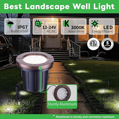 Landscape Well Lights Kit, 4 Pack LED Low Voltage Ground Lights and 100W Transformer and 100FT Cable and 20 Wire Connectors, IP67 Waterproof Aluminum for Driveway Walkway Tree 580LM