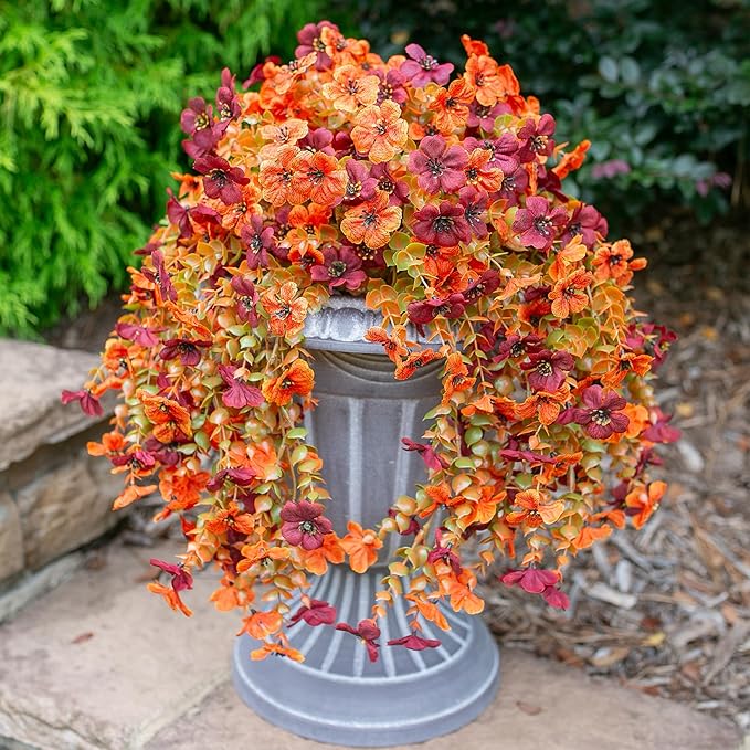 HyeFlora Artificial Autumn Flowers for Outdoors Fall Light Orange & Brown Daisy, Fake Hanging Decoration, 2Pcs Outside Decor, Realistic Plants, Silk Flower for Porch Patio Balcony Planter Yard