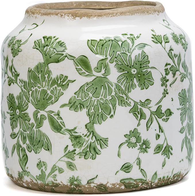 Ceramic Pot for Plant,Crackle Glaze Vintage Plant Pots with Drainage Hole,5.51inch Corrugated Surface Planter for Indoor (Green