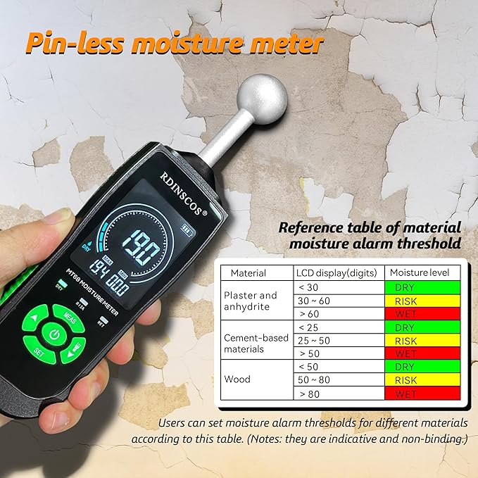 RDINSCOS Pinless Moisture Meter with Ball Sensor – Digital Moisture Detector for Walls, Wood, Drywall, Concrete – Non-Destructive Scanner with LED Flashlight & Custom Alerts