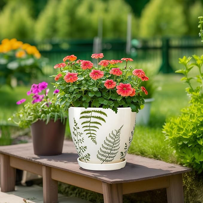 Ceramic Plant Pots Indoor - 10+8+6 Inch Ceramic Planters for Outdoor Flowers, Boho Round Decorative Flower Pots with Drainage Holes and Saucers, Plant Lover Gifts, Patio Decor, Set of 3, White