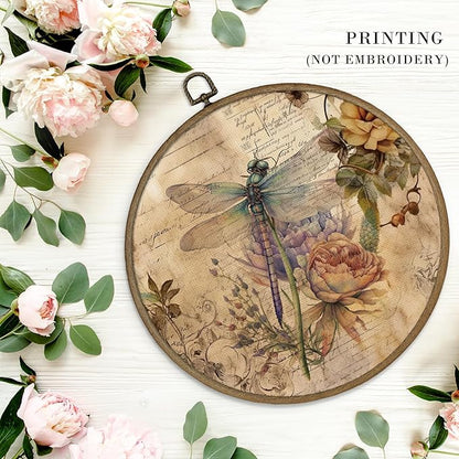MAQIKA Vintage Dragonfly Flower Framed Wall Art Decor, Retro Botanical Round Wall Hanging Decor, Canvas Prints Wall Art for Farmhouse Bedroom Living Room, 10x10 Inch