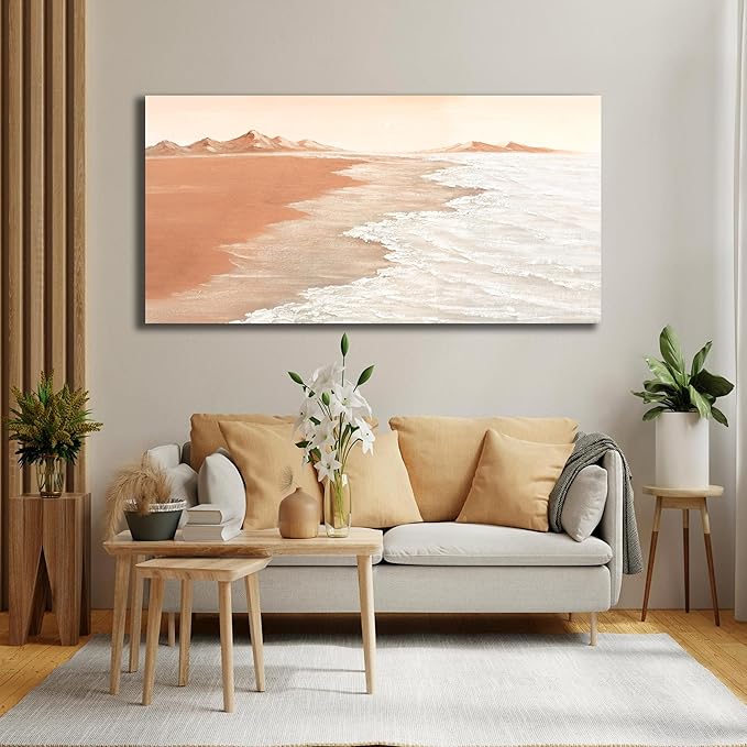 Belmrxne Ocean Wall Art Abstract Landscape Wall Decor Trendy Canvas Painting Brown and White Artwork for Living Room Bedroom Dining Room Office Home Decor 24x48 Inch