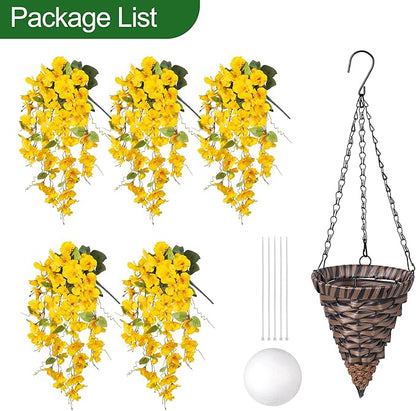 HyeFlora Artificial Hanging Flower Baskets for Spring Decoration, Outdoor Fake Plant Faux Silk Hibiscus Long Vines in Planter UV Resistant Realistic Flowers for Outside Porch Patio Home Decor, Yellow