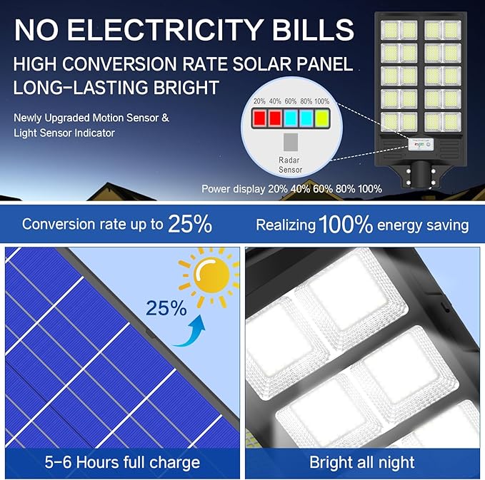 Solar Street Light 8000W, Street Light Outdoor High Lumens, Parking Lot Lights 6500K, Solar Lights Outdoor Motion Sensor Dusk to Dawn for Parking Lot with Remote Control, 1 Pack