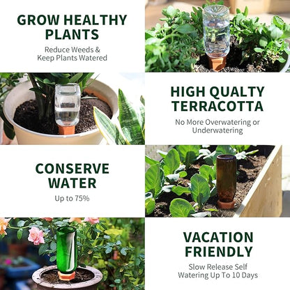 Terracotta Watering Spikes, Wine Bottle Watering Stakes, Slow Release Self Watering Planter Insert for Out | Indoor Plants, Vacation Plant Watering Devices, Automatic Plant Waterer, 4-Pack