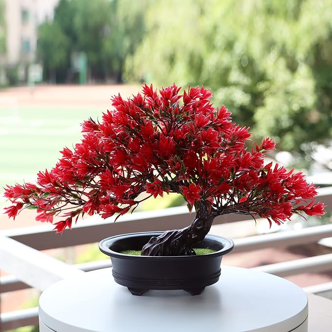 Artificial Bonsai Tree - Fake Plants for Home Decor, Bookshelf Coffee Table Office Desk Bathroom Farmhouse Indoor Decor, 9.5" Tall, Red