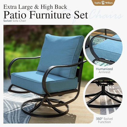 Sophia & William Patio Furniture Sets with 45" Gas Fire Pit Table Outdoor Metal Conversation Sets for 5, 2 x Swivel Cushioned Patio Sofa Chairs, 1 x 3-Seat Sofa 4 Pieces for Lawn Backyard Navy