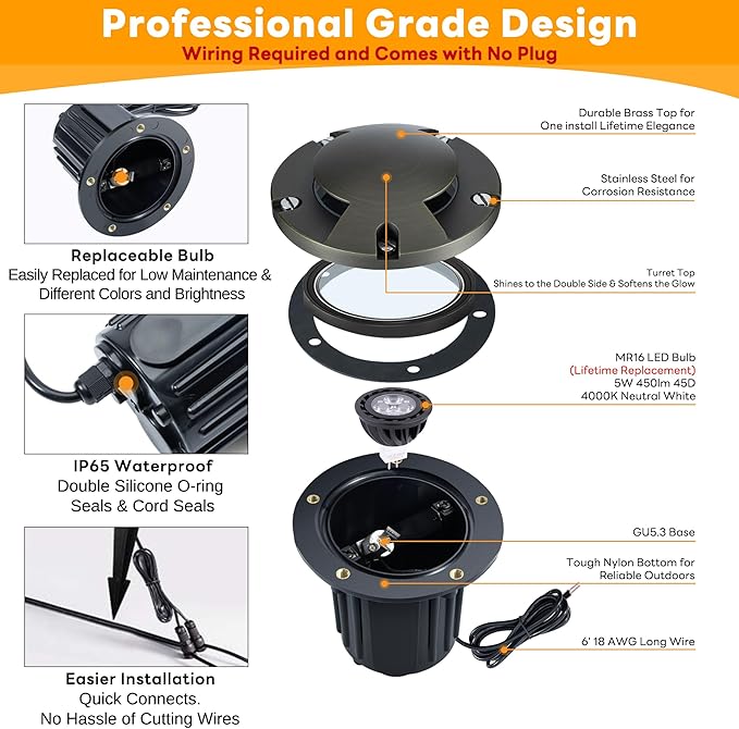 Gardenreet 12V Outdoor Well Light - Brass Electric Weatherproof LED In Ground Landscape Lighting, Low Voltage Fixture, Antique Bronze for Pathway Yard Garden with 4000K Neutral White MR16 Bulb