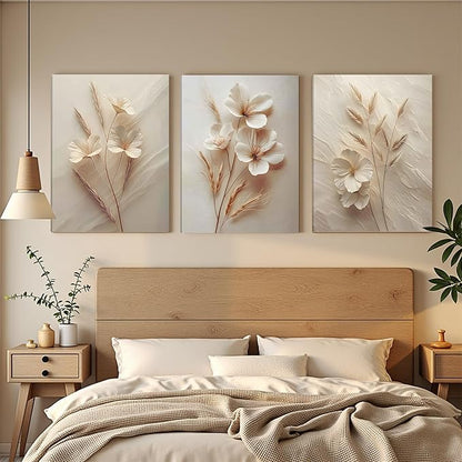 FYLDPSB 3Pcs Unframed Neutral Beige Floral Canvas Wall art, Modern Simple Texture Plant Painting Wall Decor, Vintage Flower Poster Prints for Living Room Bedroom Farmhouse Ready to Hang 24''L x 16''W