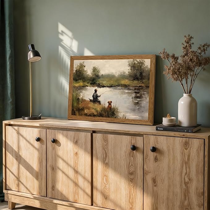 Wojuin Framed Vintage Boy Fishing Canvas Wall Art, Child with Pole and Puppy Artwork Wall Decor, Country Farmhouse Boyhood Dog Paintings Prints for Nursery Living Room Bedroom Bathroom 16x24 in