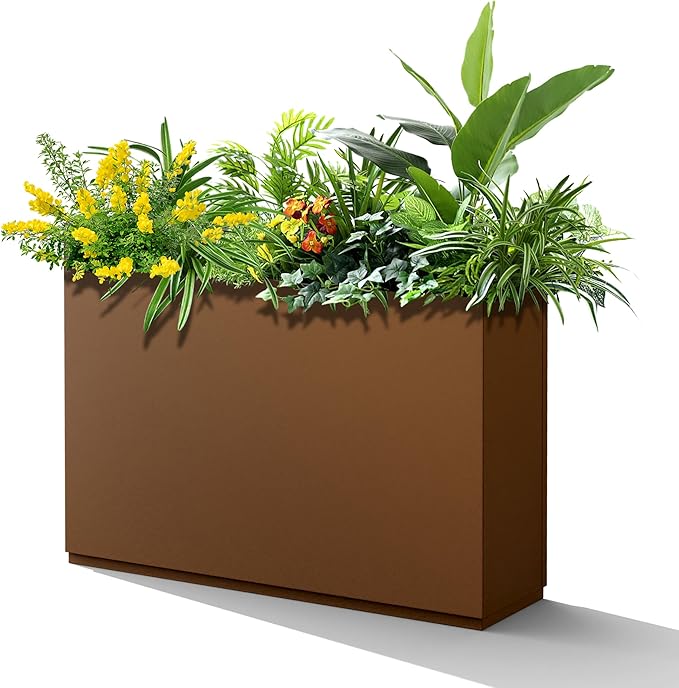 Metal Rectangular Planter Box for Outdoor Plants, Flowers, Tall & Long Planters with Drainage Holes, All-Weather Use (35" L x 9" W x 26" H, Brown)