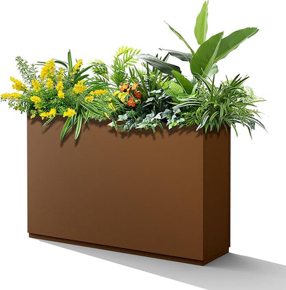 Metal Rectangular Planter Box for Outdoor Plants, Flowers, Tall & Long Planters with Drainage Holes, All-Weather Use (35" L x 9" W x 26" H, Brown)