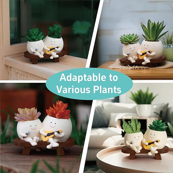 Smiley Face Planter Pot,Unique Double Head Guitar Singing Planter,with Drainage Hole Resin Cute Plant Pot,for Indoor Outdoor Plants