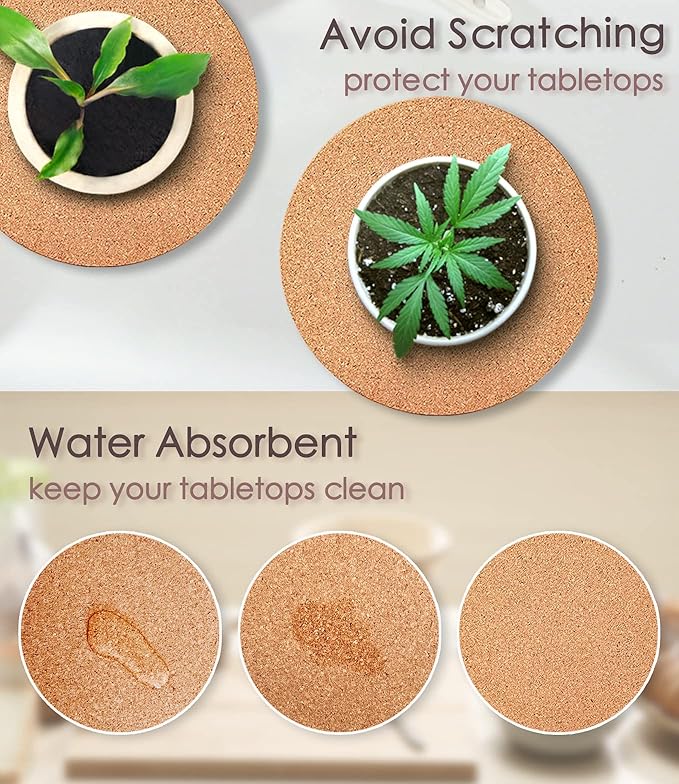 Cork Plant Coasters, Layers Hard Thick Planter Coaster, 10 Inch Absorbent Mats, Cork Trivets for Hot Dishes, Coasters for House Plants, 3 Pcs