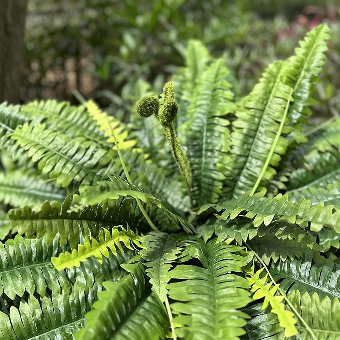 Artificial Ferns for Outdoors & Indoors, 45in Large Fake Ferns Plants with 55 Fronds & Fiddlehead - 2 Stems Looks Real Faux Fern Greenery for Porch Garden Home Office Decor