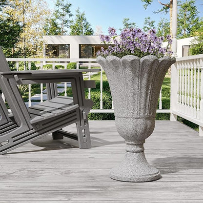 FONTOI 23" Tall Plastic Urn Planter (2-Pack) – Planters for Outdoor Plants with Drainage Holes & Petal Design, Heavy-Duty Classic Indoor Large Flower Pots for Home Garden, Front Porch & Decor, Grey
