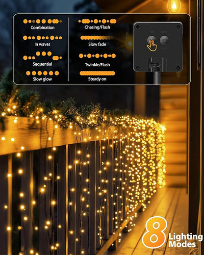 Brightown 2 Pack Solar Christmas Lights, 92Ft 240 LED Solar String Lights Outdoor Waterproof with 8 Modes, Solar Light Outdoor for Patio Yard Tree Garden Party Decorations, Warm White
