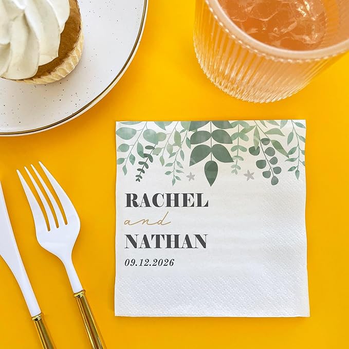 Big Dot of Happiness Personalized Boho Botanical Bride Party Napkins, Custom Greenery Wedding or Bridal Shower Decor, White 3-Ply Paper Beverage Napkins - 50 Count