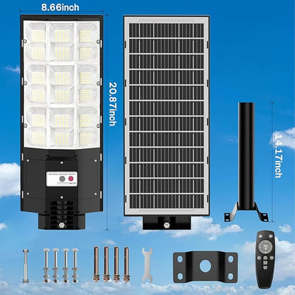 Solar Street Lights Outdoor Waterproof, 6500K 8500W Wide Angle LED Flood Light IP66 Dusk to Dawn Solar with Motion Sensor and Remote Control for Parking lot Street Garden Playground (YT0004-M)