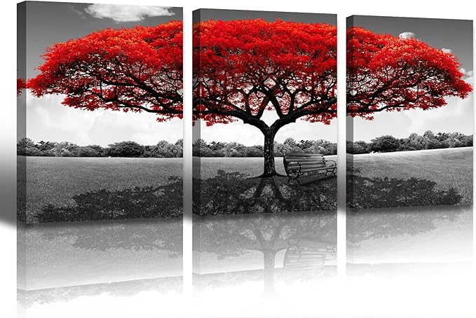 Tree of Life Canvas Wall Art for Living Room 3 Piece Red Tree Pictures for Bedroom Wall Decor Black and White Nature Scenery Painting Prints Modern Home Artwork Framed 12x16 Inch