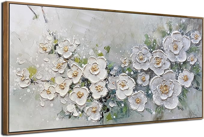 Brushart Large White Flower Wall Art Textured Floral Canvas Wall Art Decor Pictures Paintings Artwork for Living Room Dining Room Bedroom Home Office, Framed 58"x29"