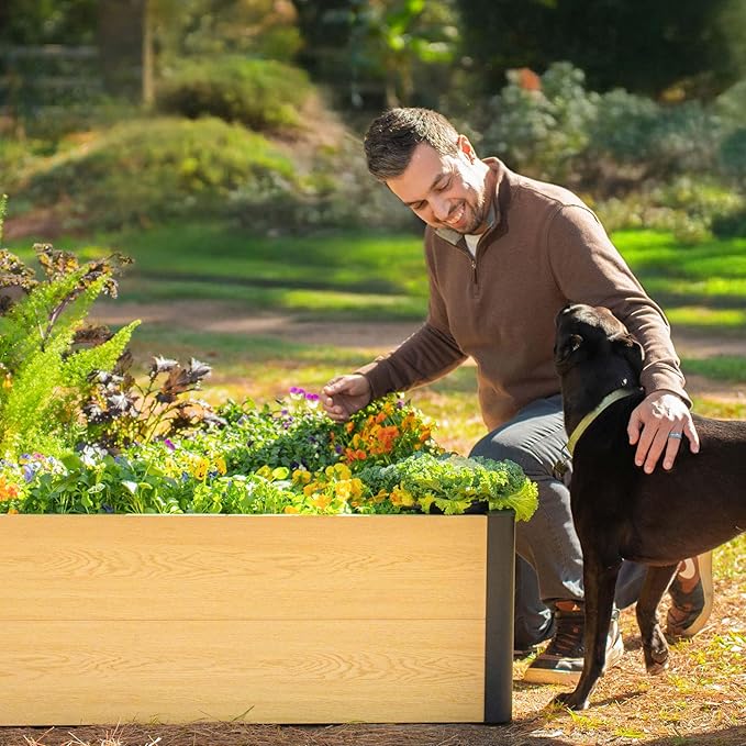 Vego garden Woodgrain Series Raised Garden Bed, 16'' Tall 4' x 4' Wooden-Look Metal Planter Box Outdoor for Gardening Vegetables Flowers Herbs