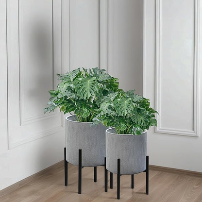 ARNIS Modern Plant Pots, Set of 2 Large Planters with Stand, Decorative Planters, Metal Pots with Drainage Holes for Living Room, Office, Garden or Balcony, 8.25 &10.5 Inch, Dark Cement Matte