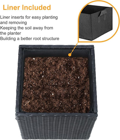 SUNNYPARK Set of 2 Large Square Planter with Removable Liner, All-Weather PE Rattan Modern Planters Indoor Outdoor Flower Plant Pots Garden Box Patio Yard Front Porch Deck